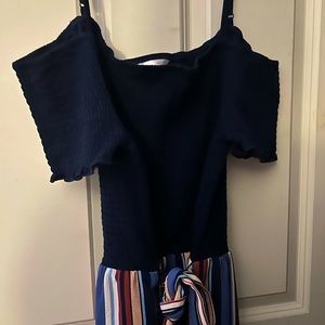 Navy blue and pink/red striped jumpsuit